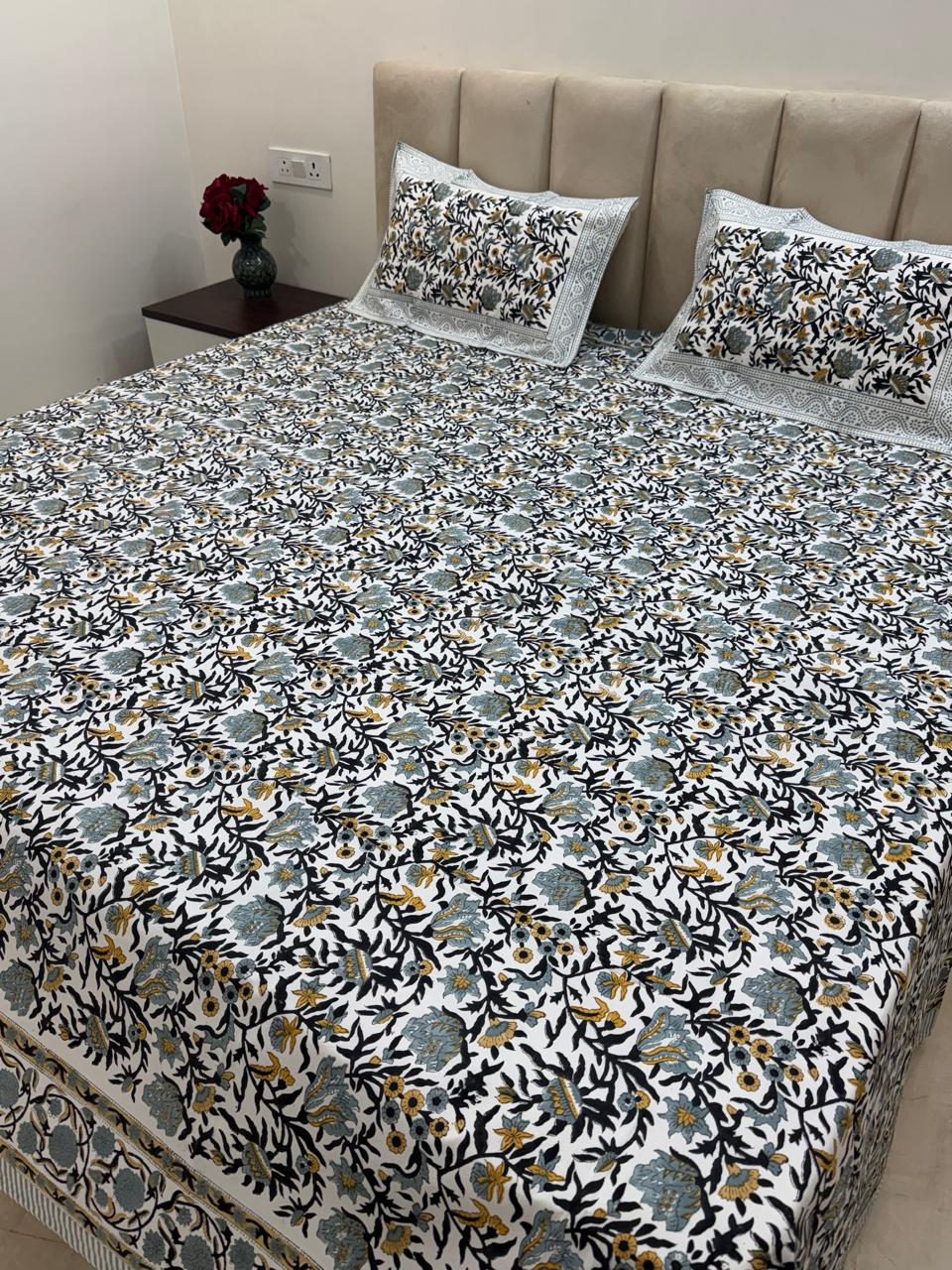 Percale Cotton Gray Mustard King Double Bedsheet