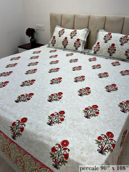 Orange Pushp Boota Percale Double Bedsheet