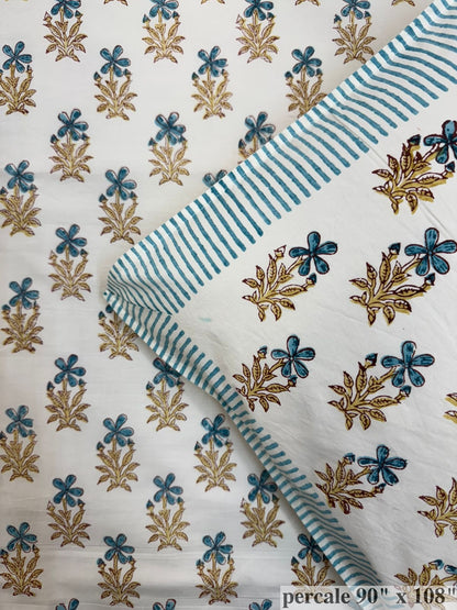 Blue Botanical Buds Percale Double Bedsheet