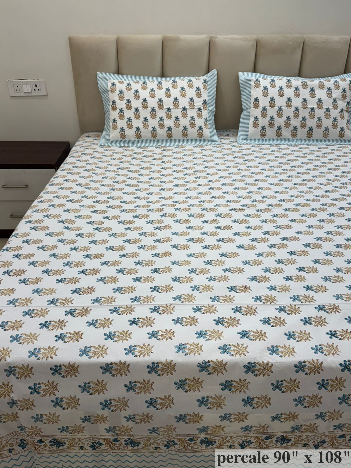 Blue Botanical Buds Percale Double Bedsheet