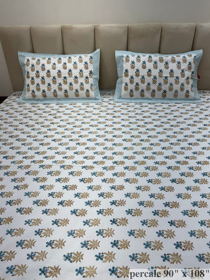 Blue Botanical Buds Percale Double Bedsheet