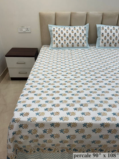 Blue Botanical Buds Percale Double Bedsheet
