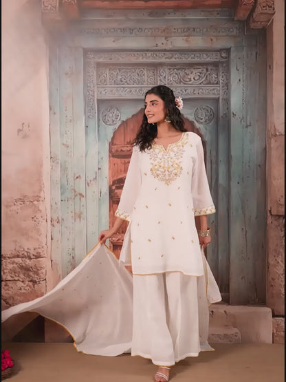 White Petals Embroidery Mul Cotton Palazzo Suit
