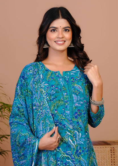 Peacock Blue Pakistani Lace Chiffon Dupatta Suit