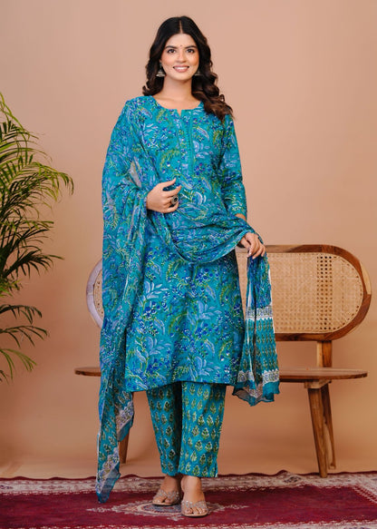 Peacock Blue Pakistani Lace Chiffon Dupatta Suit