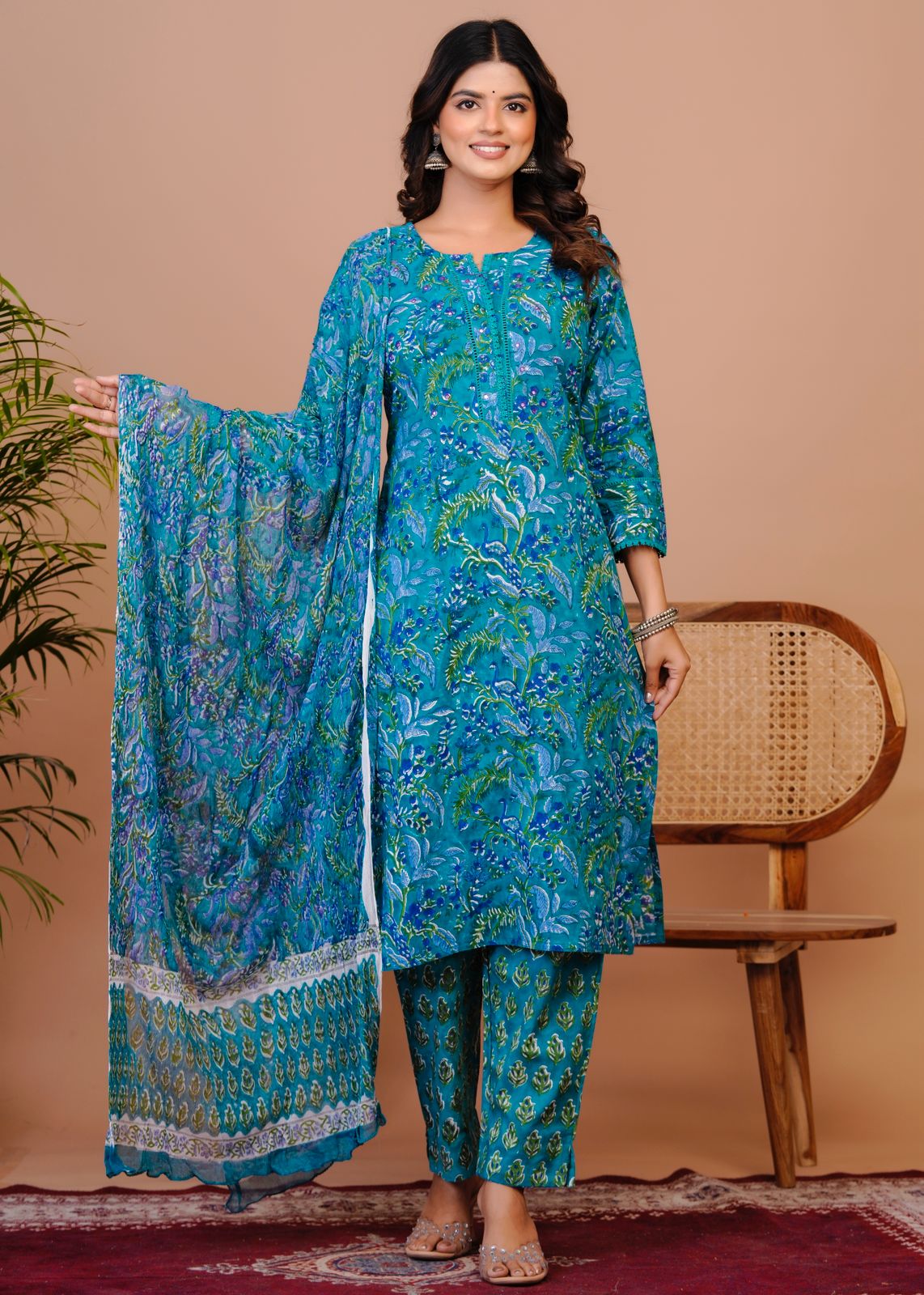 Peacock Blue Pakistani Lace Chiffon Dupatta Suit