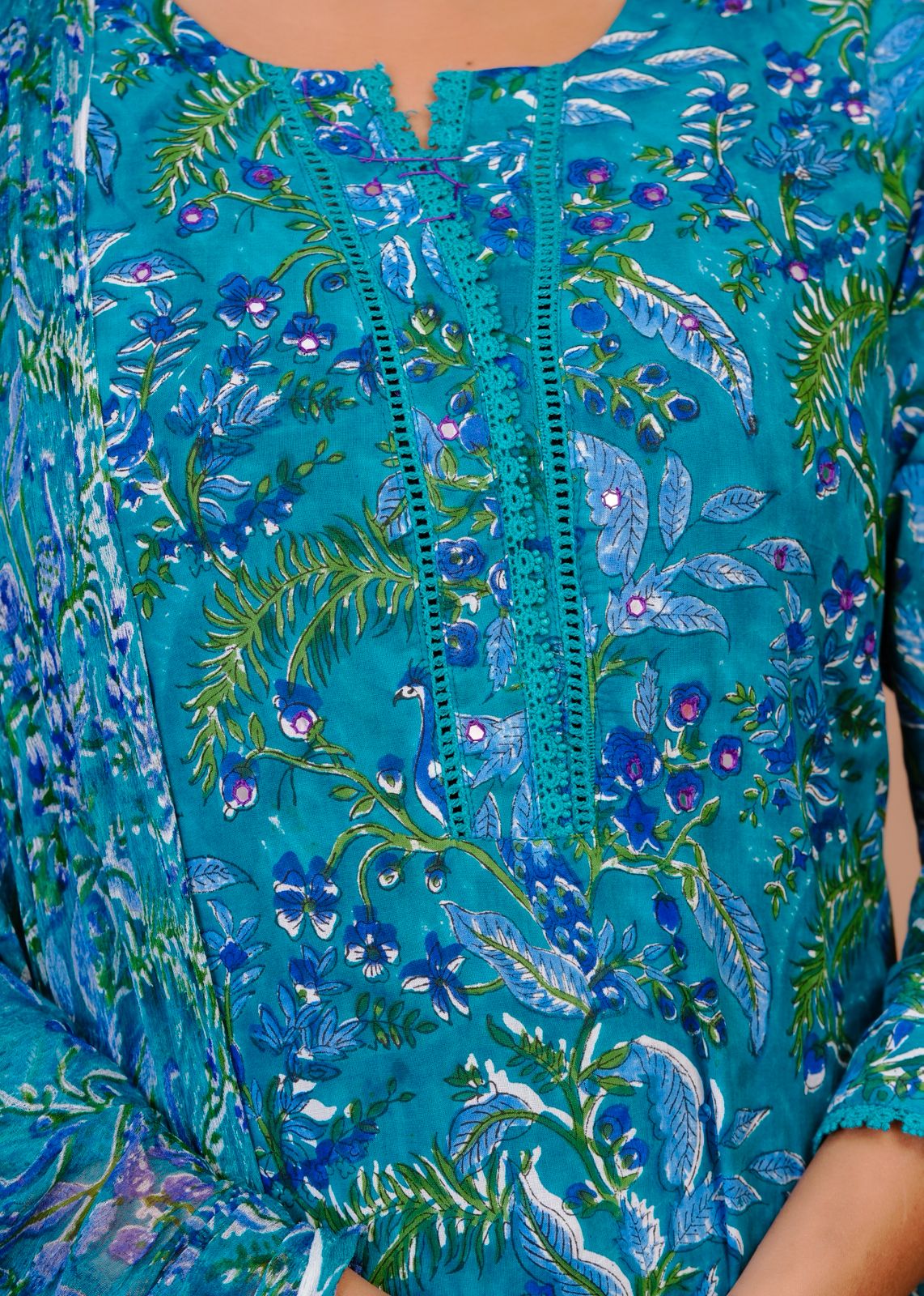 Peacock Blue Pakistani Lace Chiffon Dupatta Suit