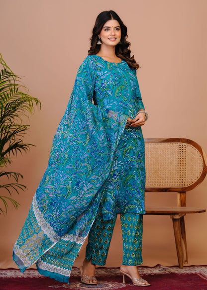 Peacock Blue Pakistani Lace Chiffon Dupatta Suit