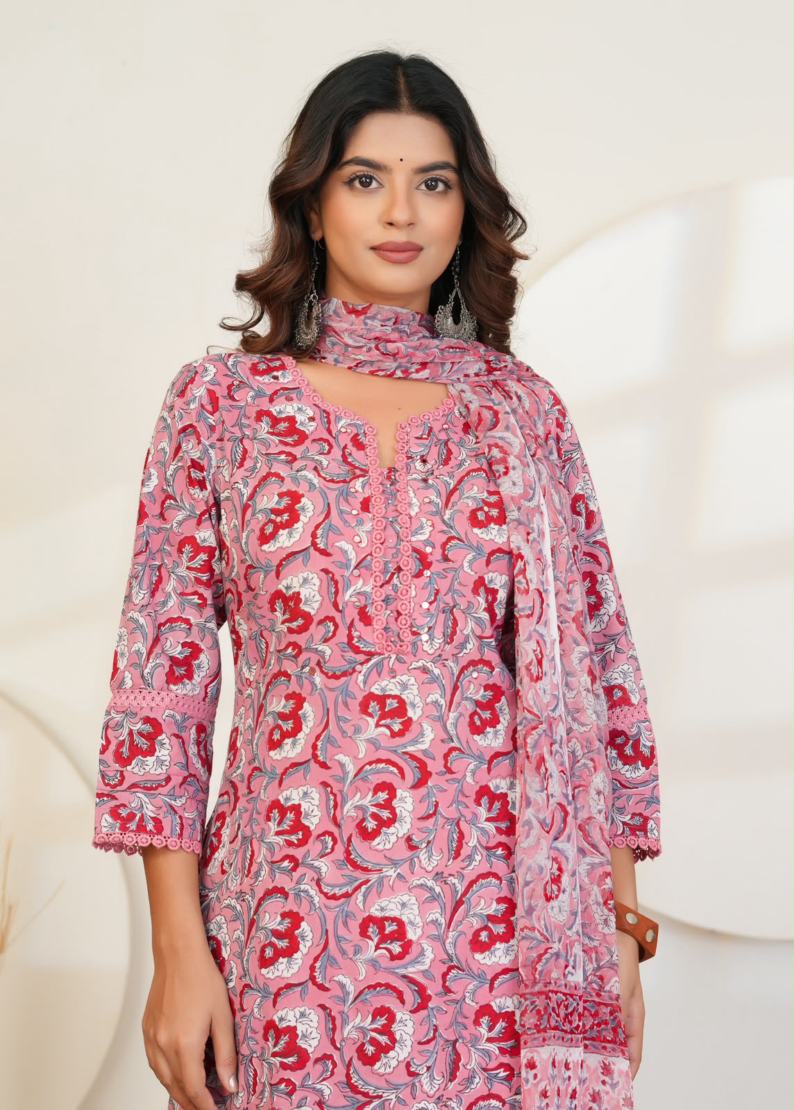 Peach Maroon Blooms Chiffon Dupatta Suit