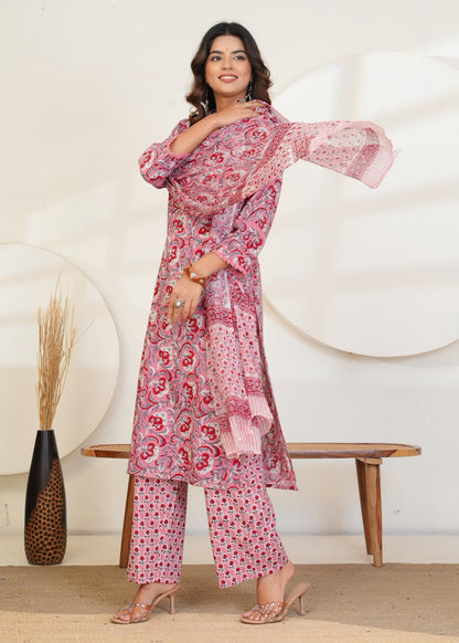 Peach Maroon Blooms Chiffon Dupatta Suit