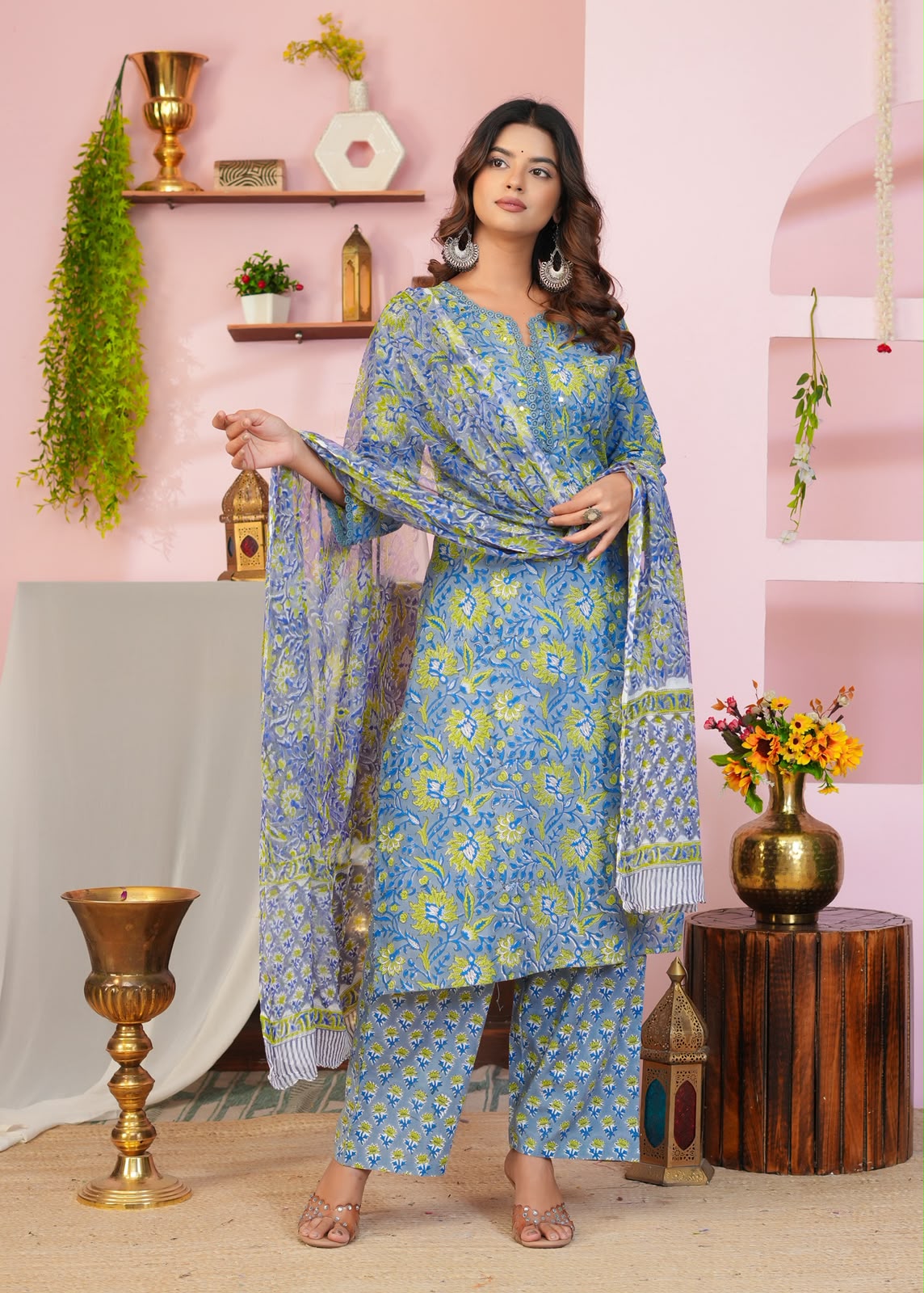 Slate Blue & Lime Floral Chiffon Dupatta Suit