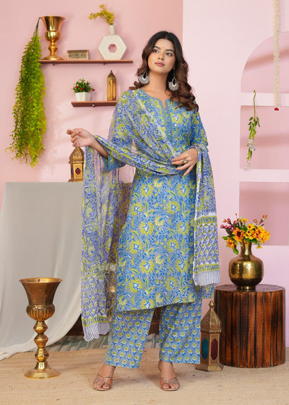 Slate Blue & Lime Floral Chiffon Dupatta Suit