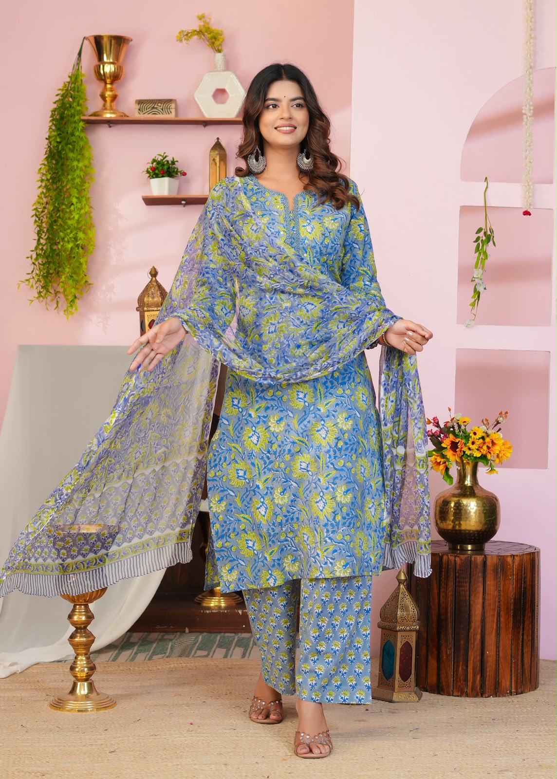 Slate Blue & Lime Floral Chiffon Dupatta Suit