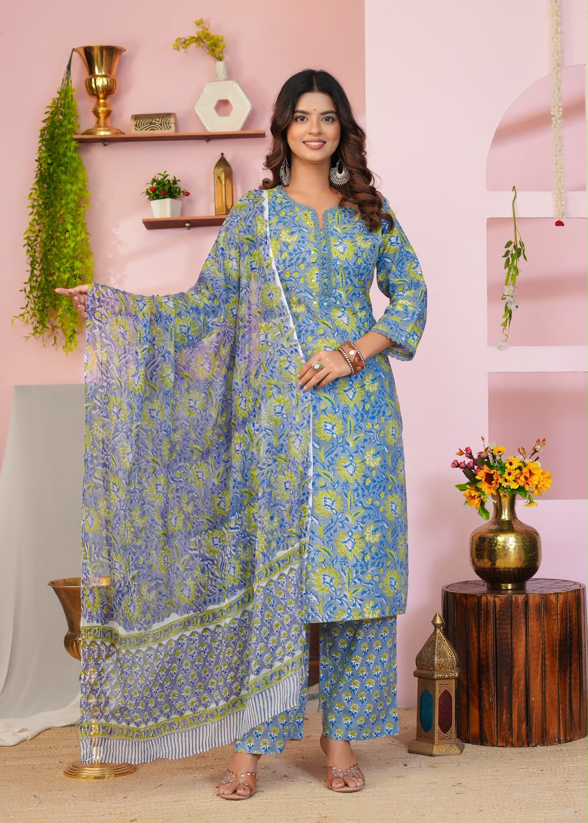 Slate Blue & Lime Floral Chiffon Dupatta Suit