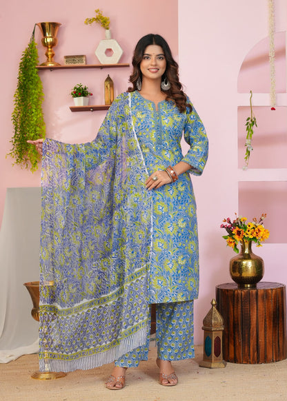 Slate Blue & Lime Floral Chiffon Dupatta Suit