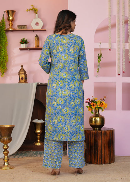 Slate Blue & Lime Floral Chiffon Dupatta Suit