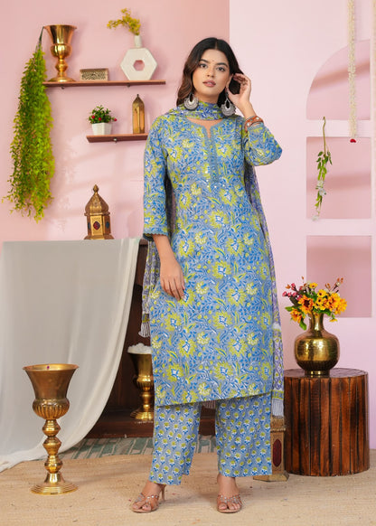 Slate Blue & Lime Floral Chiffon Dupatta Suit