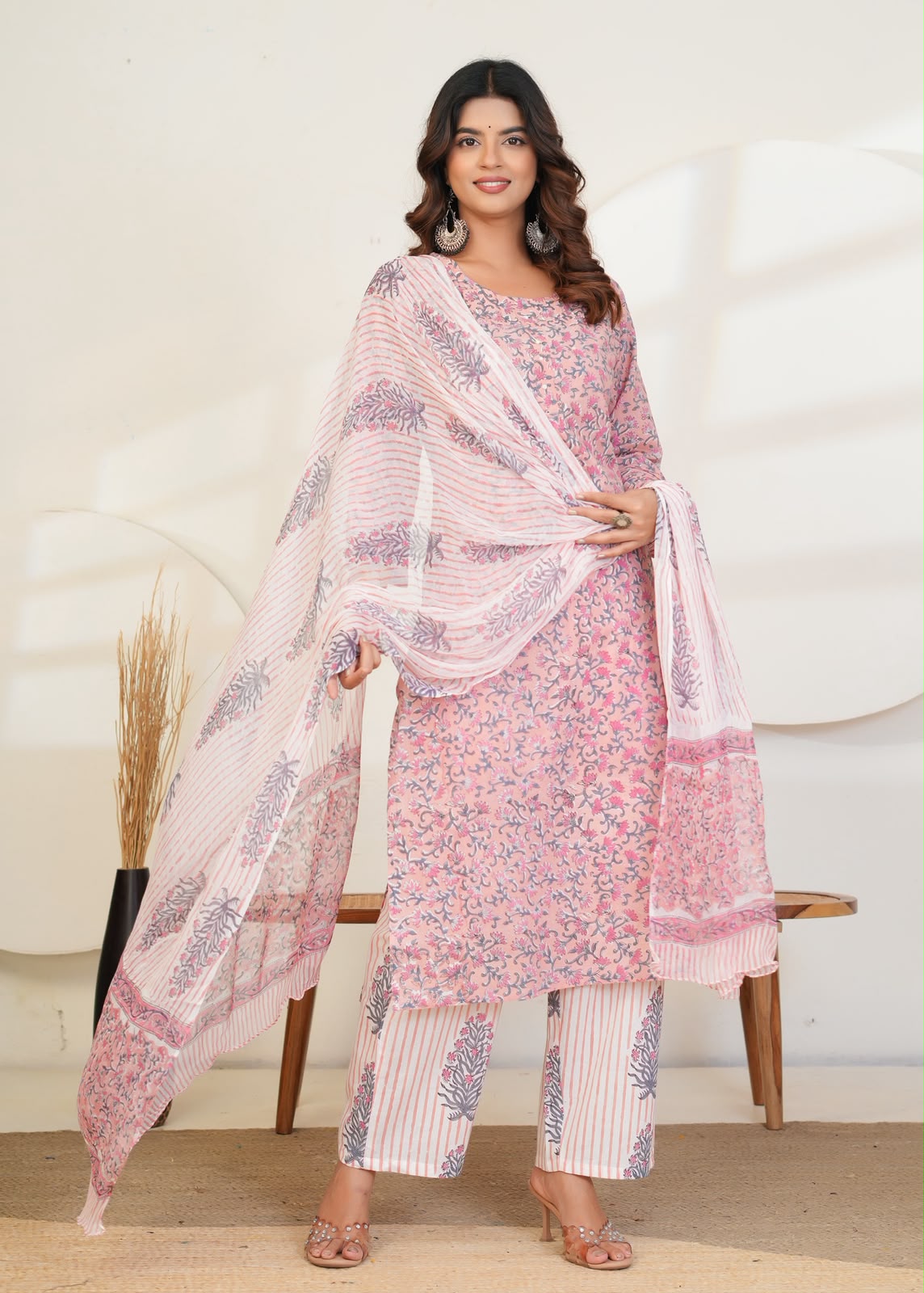 Pastel Peach Buds Chiffon Dupatta Suit