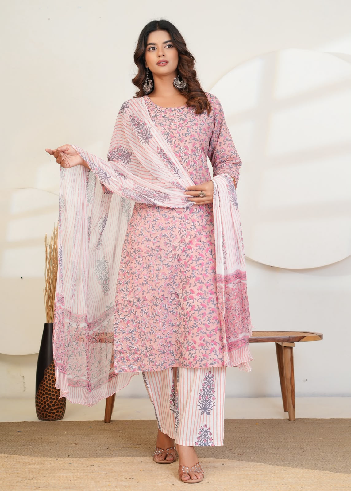 Pastel Peach Buds Chiffon Dupatta Suit