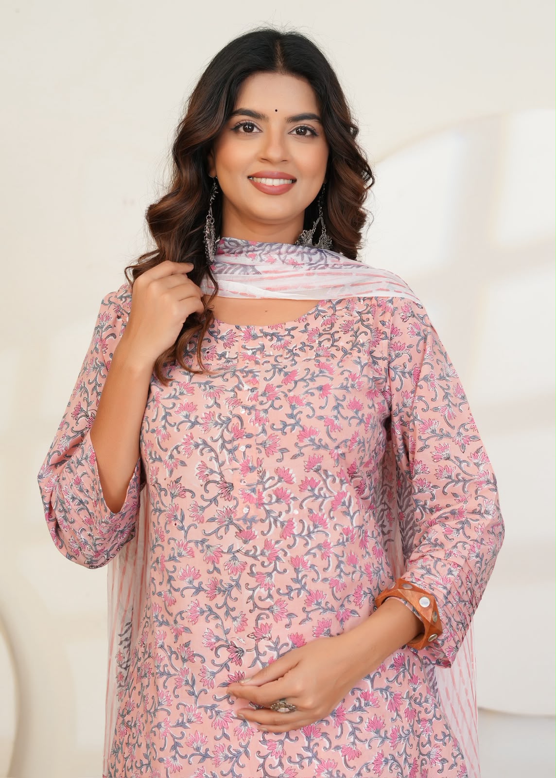 Pastel Peach Buds Chiffon Dupatta Suit