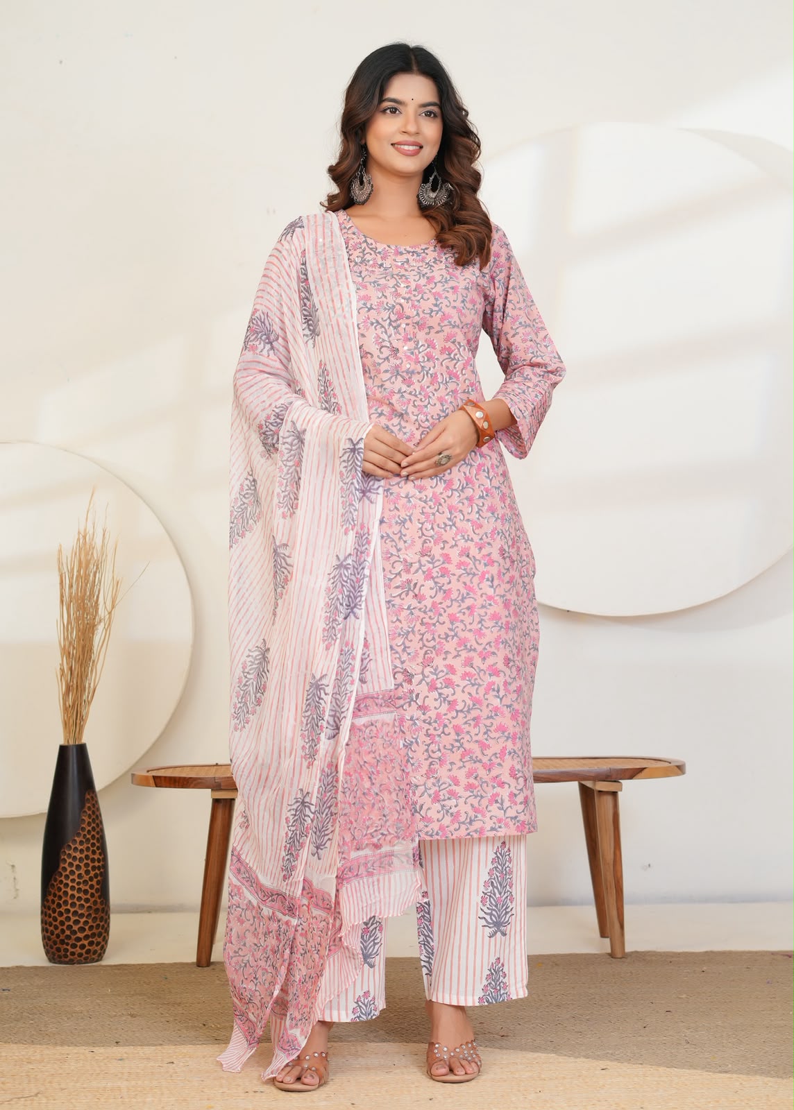 Pastel Peach Buds Chiffon Dupatta Suit