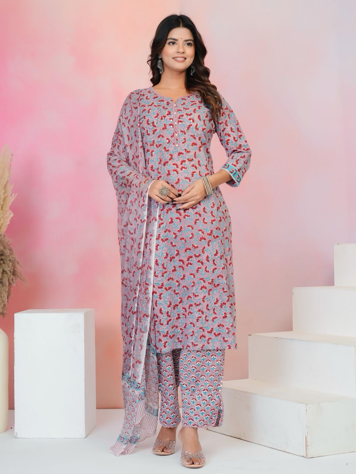 Deep Mauve Petals Chiffon Dupatta Suit