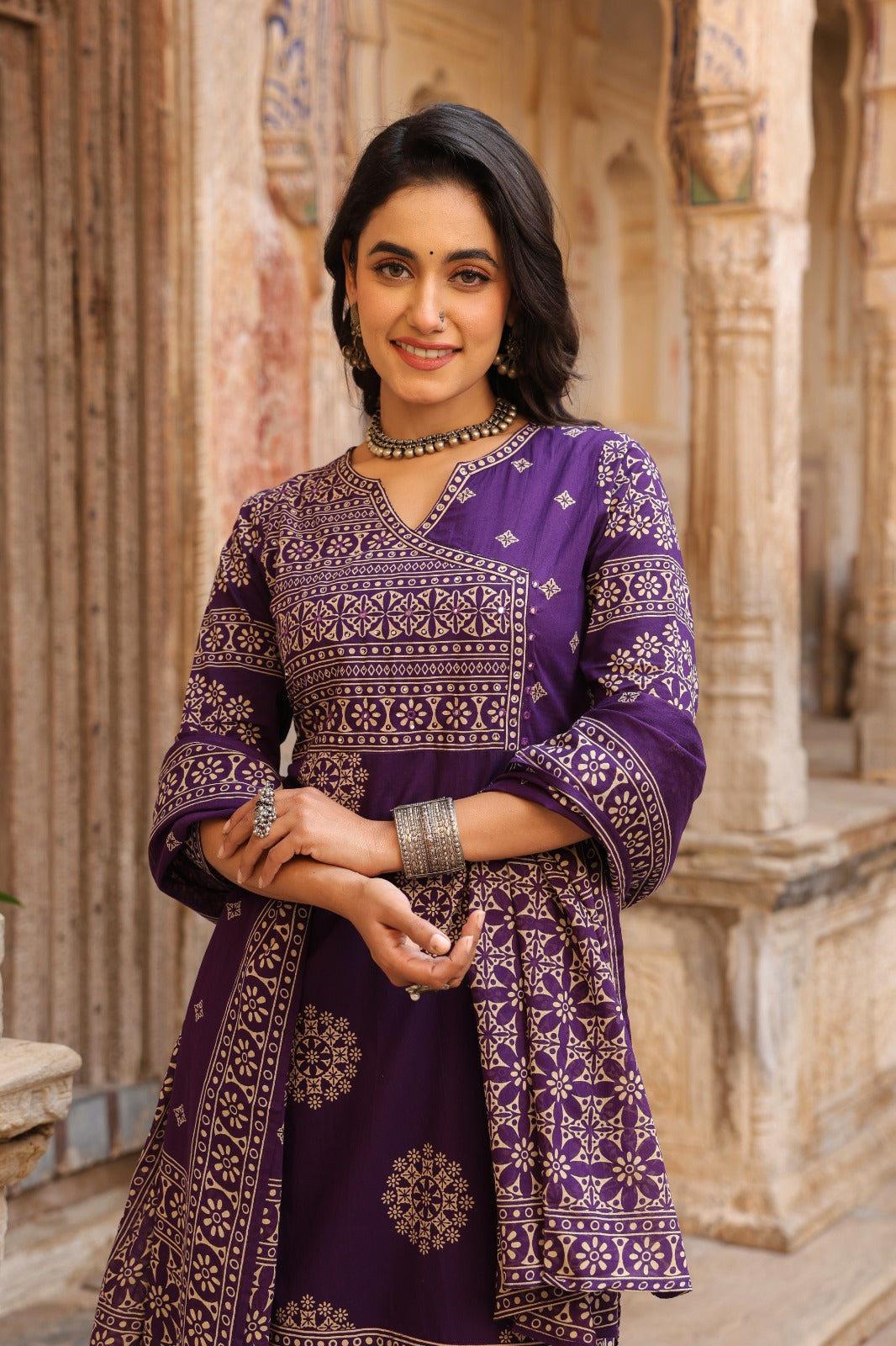 Purple Mandala Angrakha Cotton Dupatta Suit