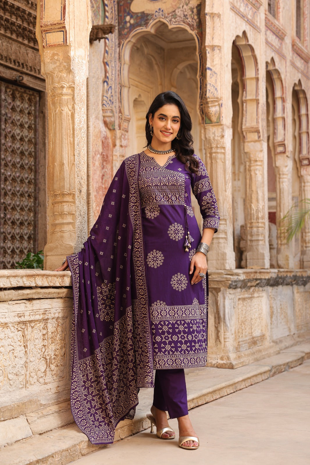 Purple Mandala Angrakha Cotton Dupatta Suit