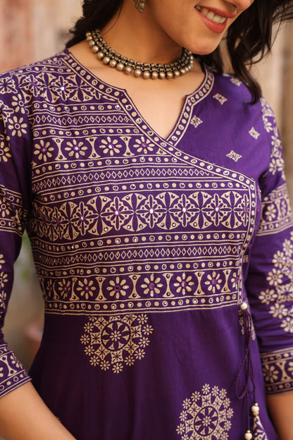 Purple Mandala Angrakha Cotton Dupatta Suit