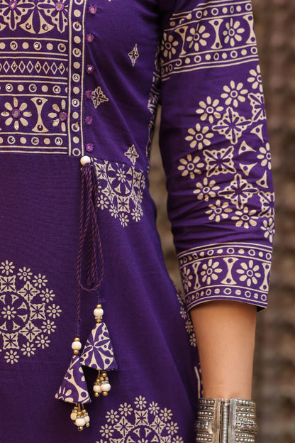 Purple Mandala Angrakha Cotton Dupatta Suit