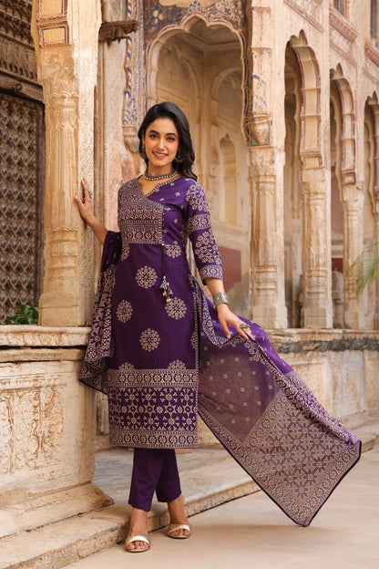 Purple Mandala Angrakha Cotton Dupatta Suit
