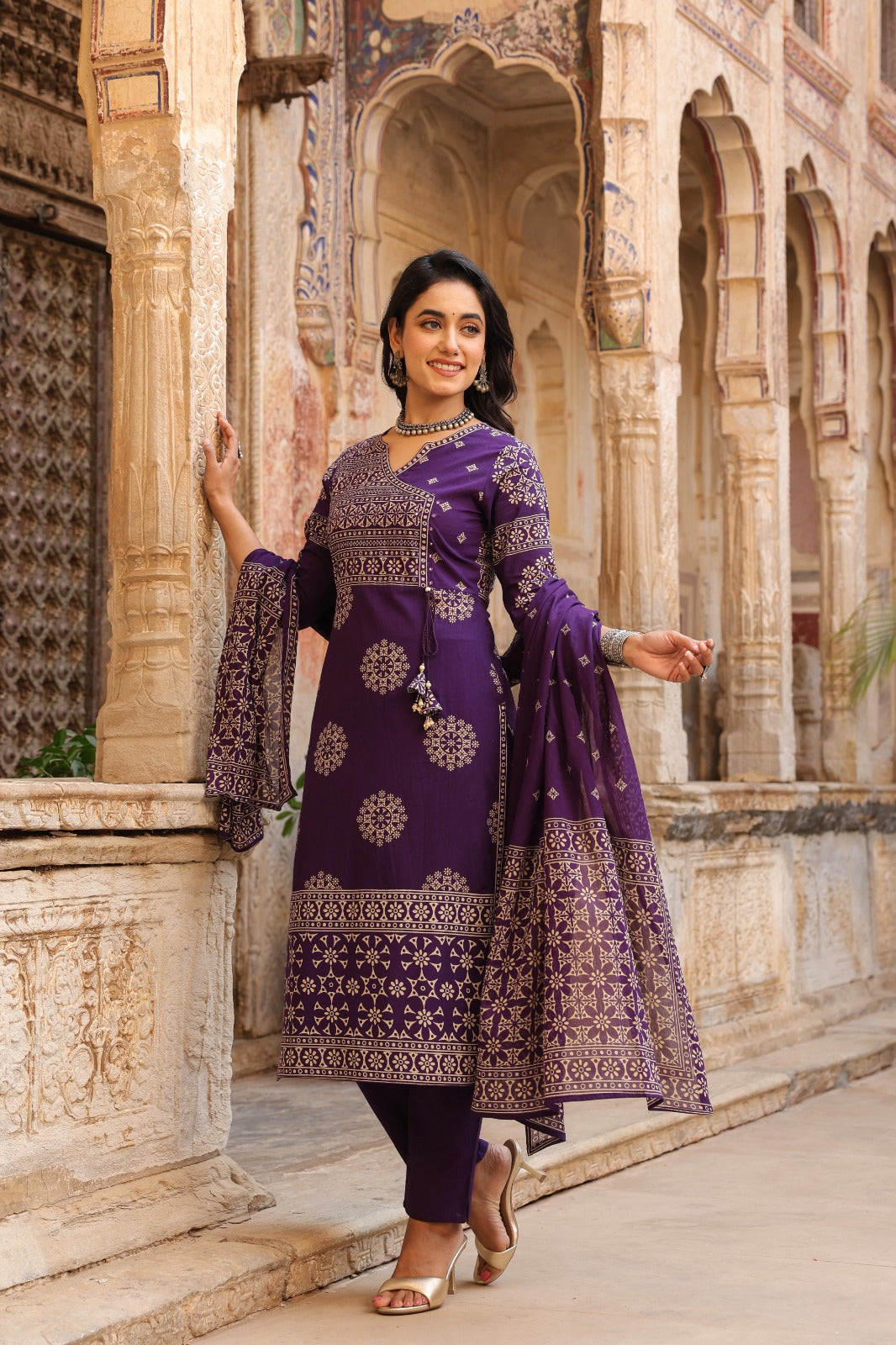 Purple Mandala Angrakha Cotton Dupatta Suit