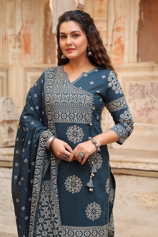 Teal Mandala Angrakha Cotton Dupatta Suit