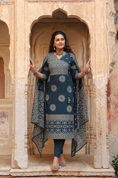 Teal Mandala Angrakha Cotton Dupatta Suit