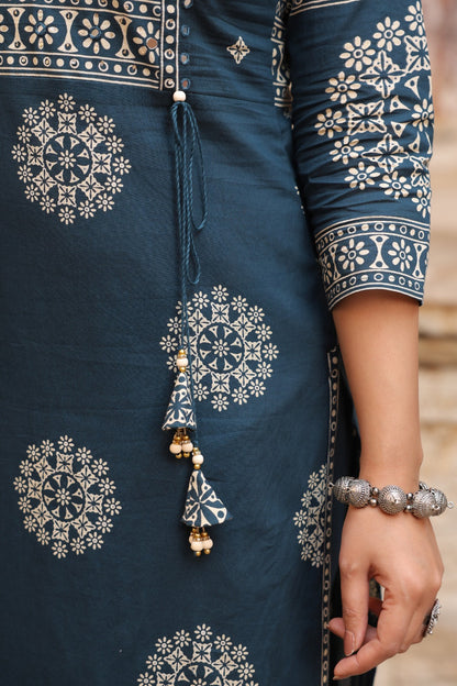 Teal Mandala Angrakha Cotton Dupatta Suit