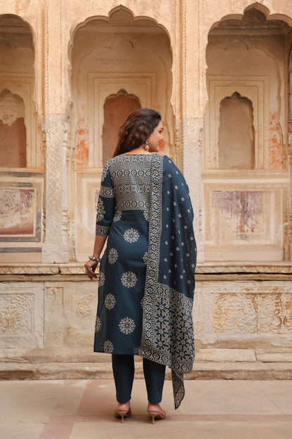 Teal Mandala Angrakha Cotton Dupatta Suit
