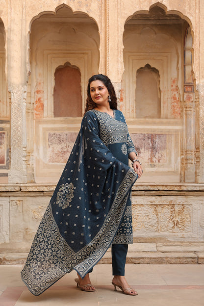 Teal Mandala Angrakha Cotton Dupatta Suit