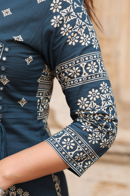 Teal Mandala Angrakha Cotton Dupatta Suit