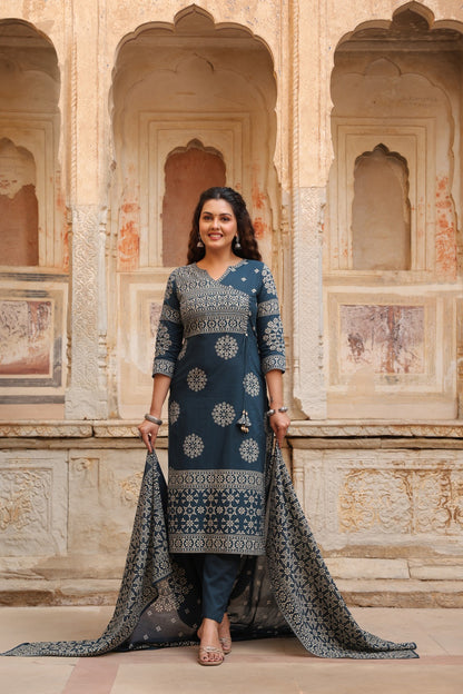 Teal Mandala Angrakha Cotton Dupatta Suit