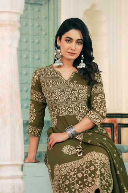 Green Mandala Angrakha Cotton Dupatta Suit