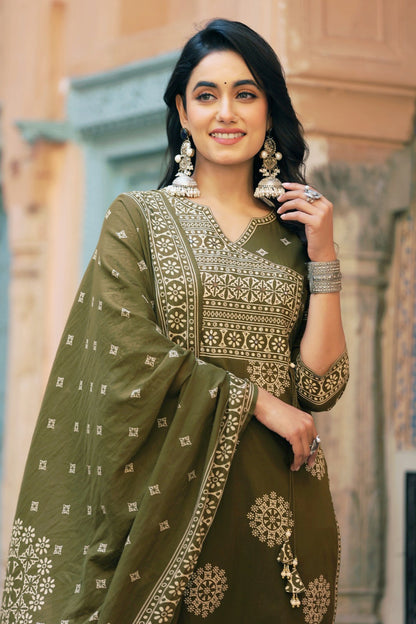 Green Mandala Angrakha Cotton Dupatta Suit