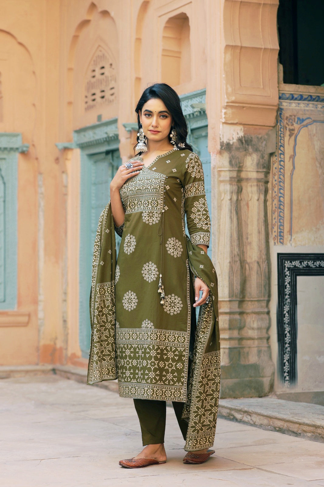 Green Mandala Angrakha Cotton Dupatta Suit