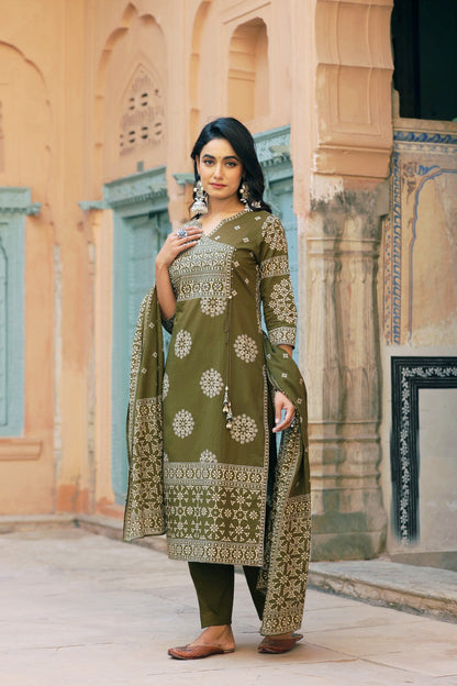 Green Mandala Angrakha Cotton Dupatta Suit