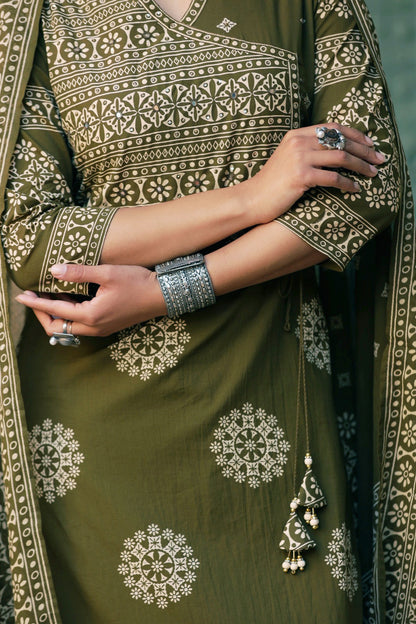 Green Mandala Angrakha Cotton Dupatta Suit