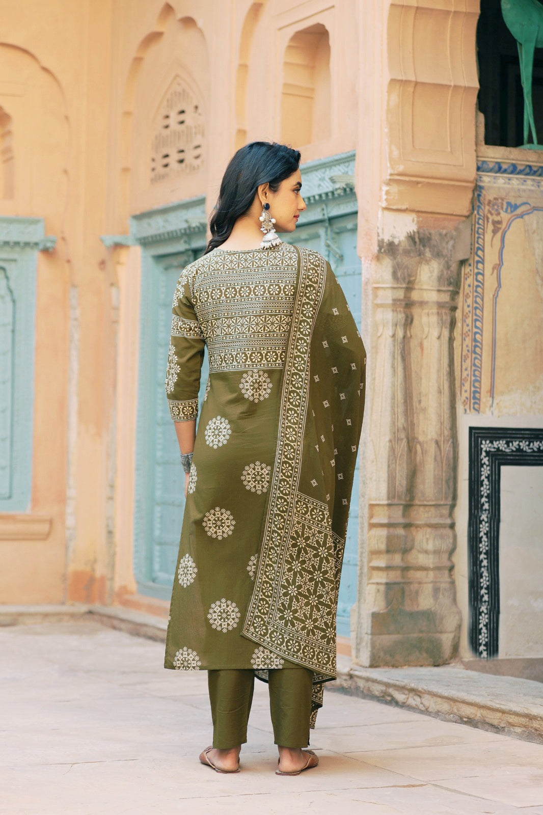 Green Mandala Angrakha Cotton Dupatta Suit