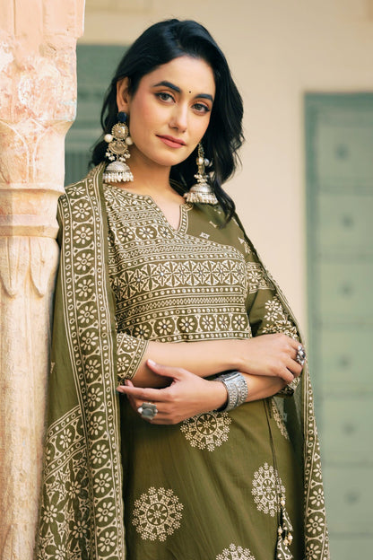Green Mandala Angrakha Cotton Dupatta Suit