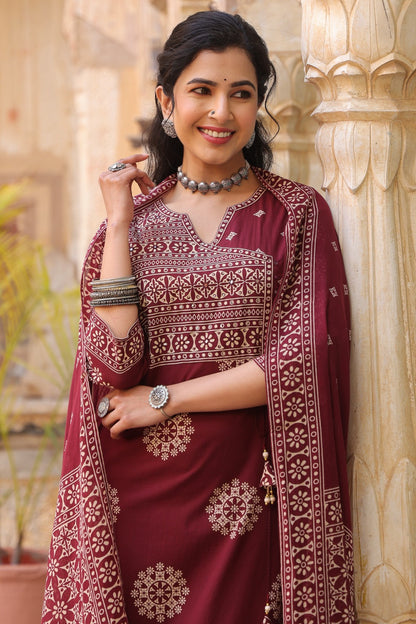 Maroon Mandala Angrakha Cotton Dupatta Suit