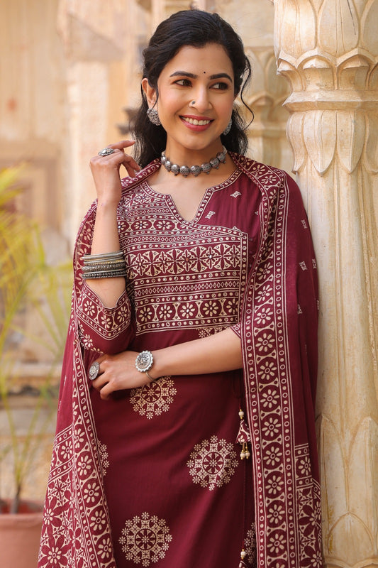 Maroon Mandala Angrakha Cotton Dupatta Suit