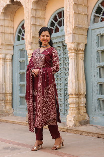 Maroon Mandala Angrakha Cotton Dupatta Suit