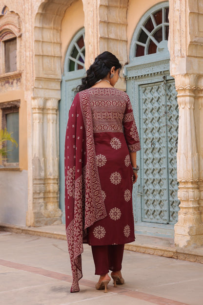 Maroon Mandala Angrakha Cotton Dupatta Suit